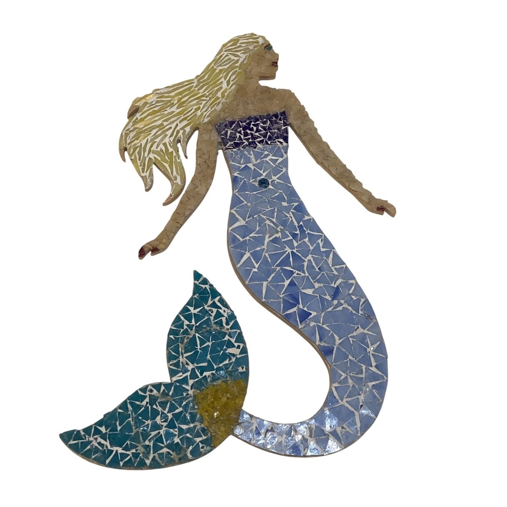 Handmade Mosaic Mermaid Wall Hanging Blue Glass Tile Coastal Decor 15.5 Inch